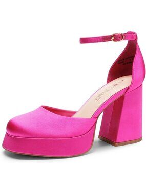 Dream Pairs Hot Pink Polyurethane (PU) Closed Toe Block Pumps Ankle Strap Shoes